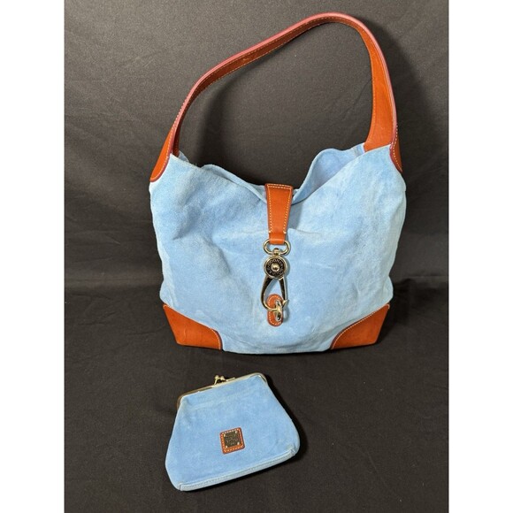 Dooney & Bourke Sky Blue Suede Hobo Bag Logo Lock Key Fob Coin Purse - Picture 2 of 16